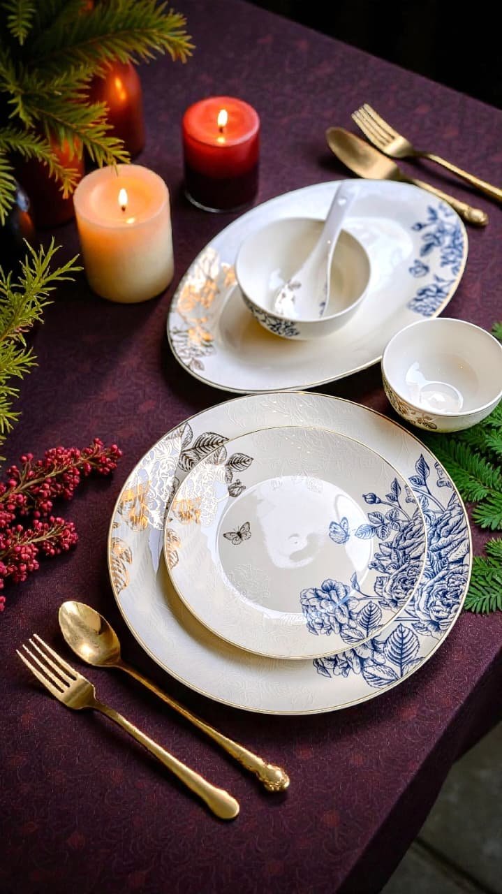 Blueshire 48 pcs Dinner Set 24ct Gold Fine Porcelain Serves 6