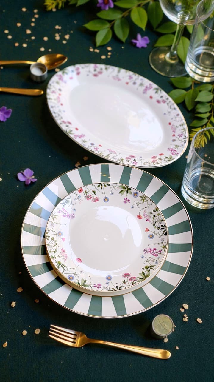 Serene Garden 48 pcs Dinner Set 24ct Gold Fine Porcelain Serves 6