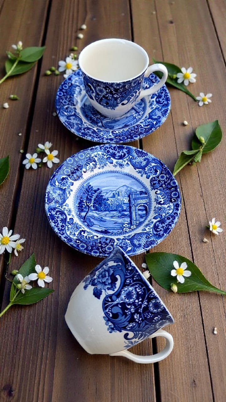 Sonnet In Blue 6 Cups n 6 Saucers Set Fine Porcelain
