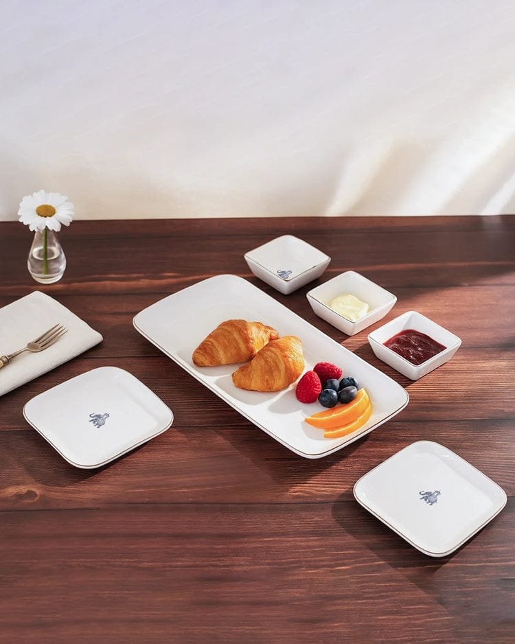 Rectangle Charm with Dip Bowls – 6 Pc Porcelain Serving Set | Platinum Rim