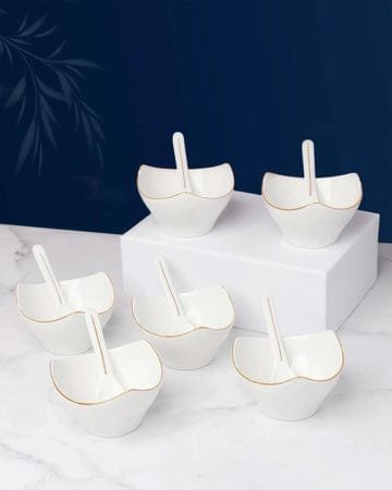 Bloom Vegas White Dessert Bowl Set With Spoon – Premium Glossy Fine Porcelain Serveware (Set of 6)