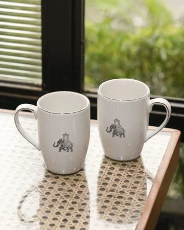 Mugs Set of 2 – 230 ml Fine Porcelain Coffee Mugs with Elephant Design