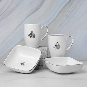Gaj Mug & Bowl Set – 2 Fine Porcelain Mugs + 2 Curved Square Bowls with Elephant Motif
