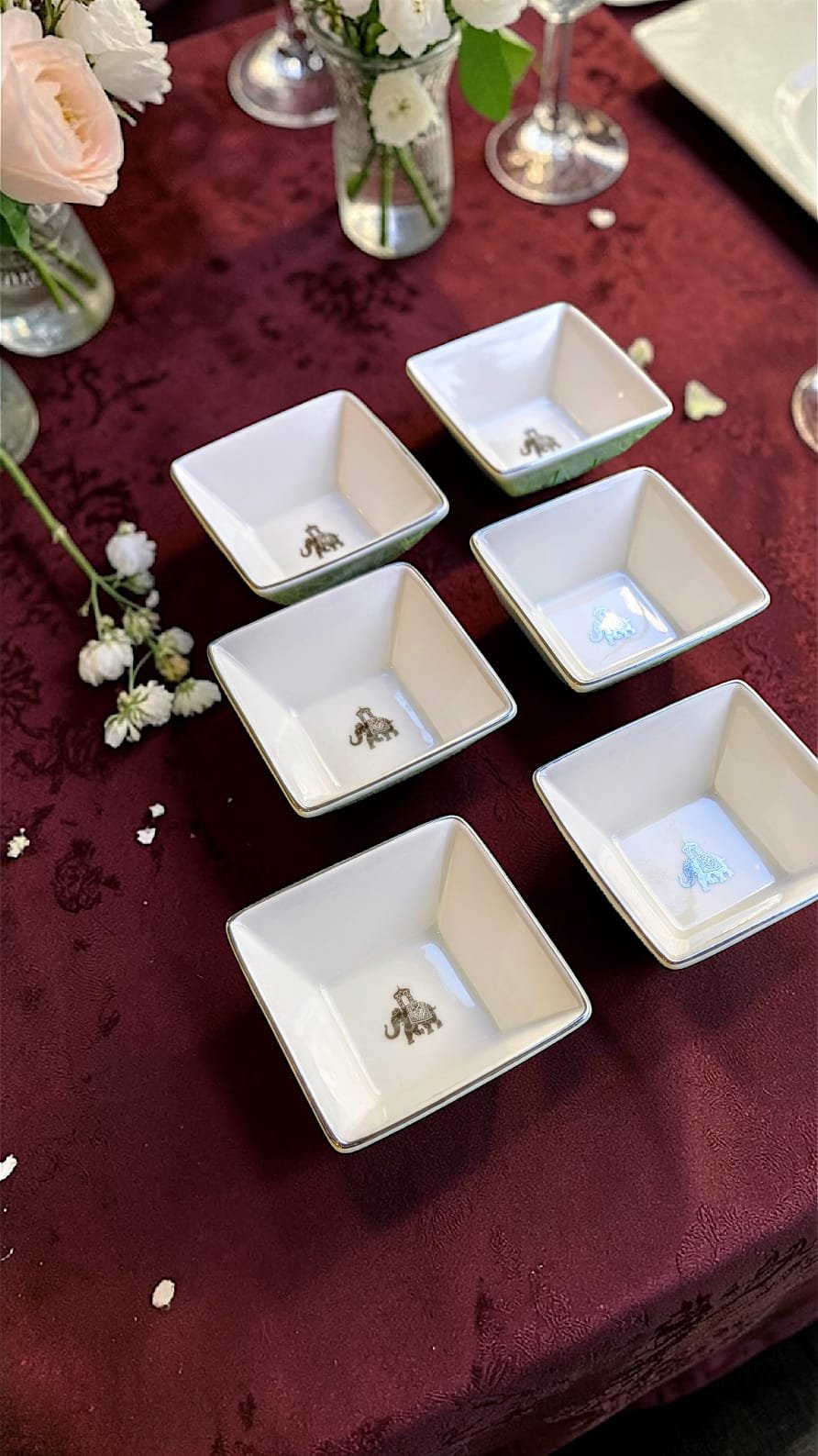 Gaj Edge Bowls – Set of 6 Fine Porcelain Bowls with Elephant Motif, Lead-Free & Food Safe