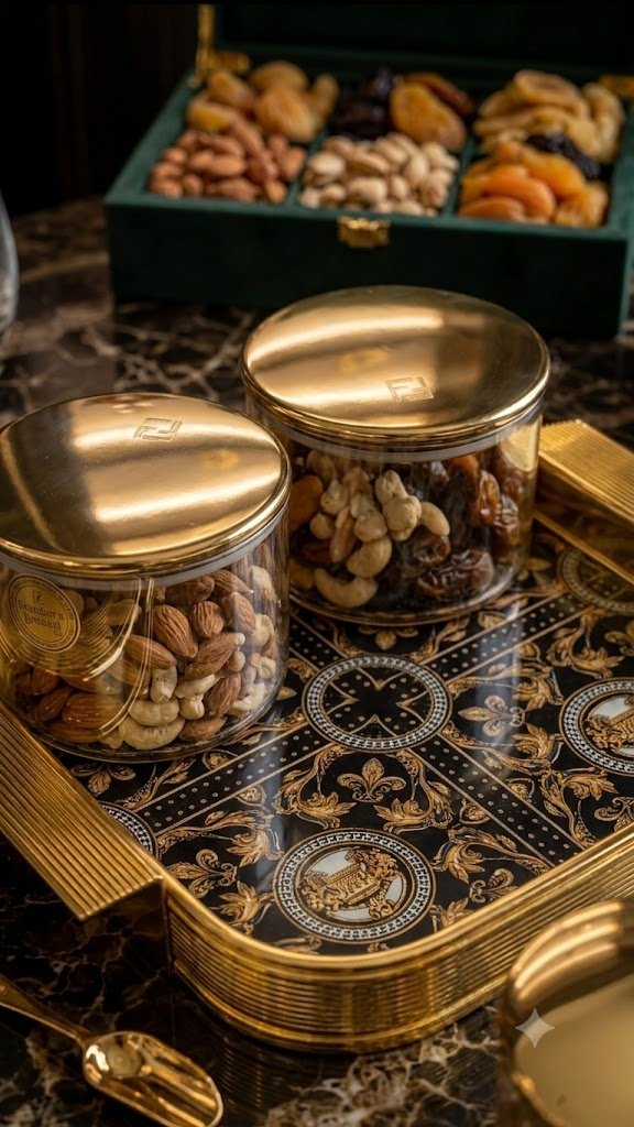 Imperial Luxe 4- Airtight Jar 350gm Storage Set with Signature Acrylic Gold Tray