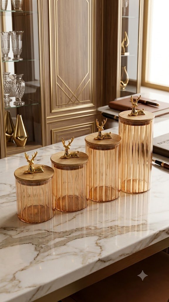 Durable Sealed Glass Sugar Jar Wood Lid Containers Food Storage Glass Tea  Airtight Jars Nuts Coffee Beans Airtight Container Bottle 4Jars Kitchen