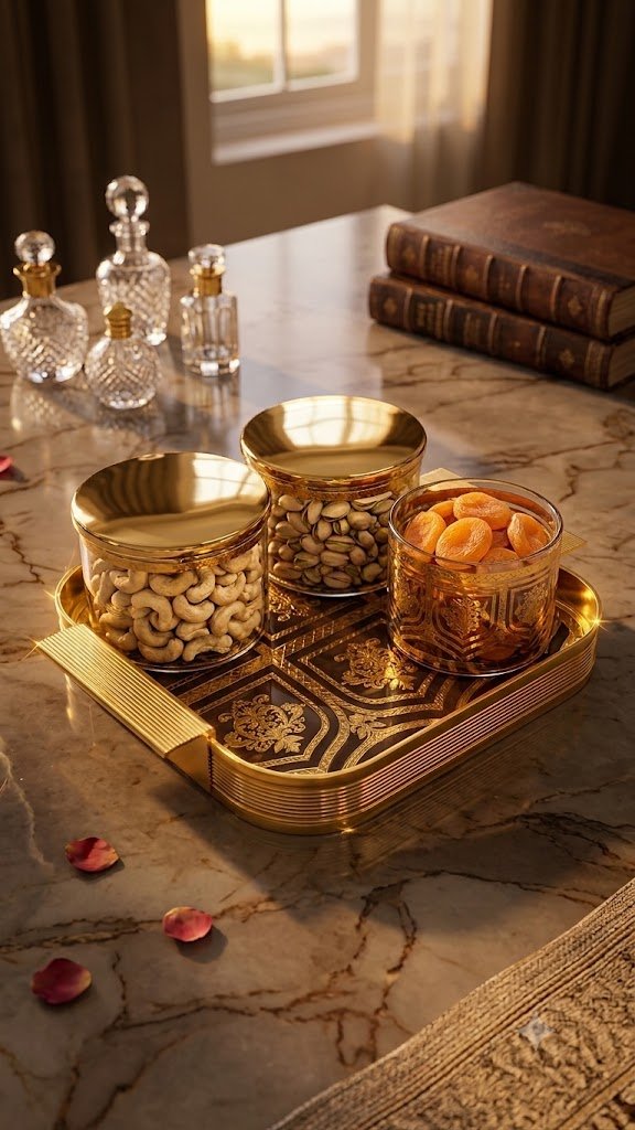 Royal Gold Heritage Dry Fruit Set – 1 Tray & 4 Airtight Jars 350gm