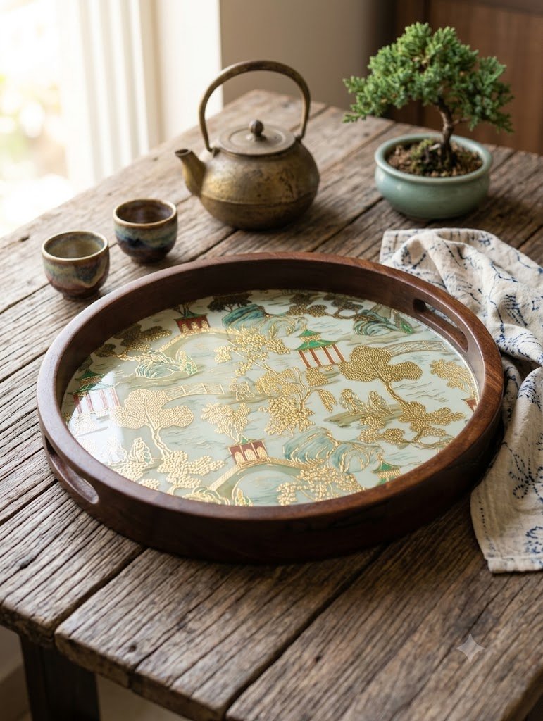 Round Wooden Serving Tray – Vintage Garden Design