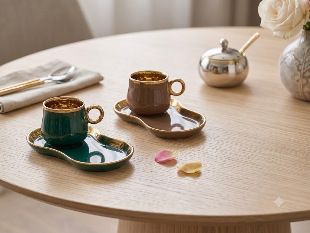 Emerald Green Ceramic Coffee  2 Cup &  2 Saucer Set – Set of 4 200 ml)
