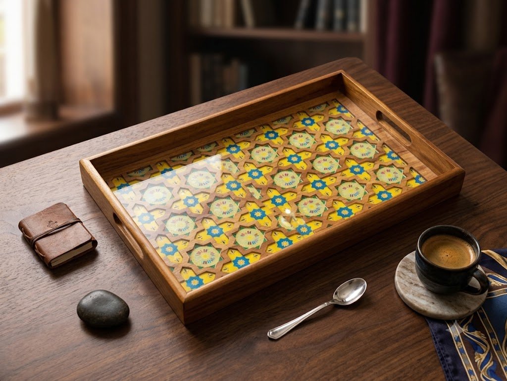 Rectangle Geometric Wooden Serving Tray Description: