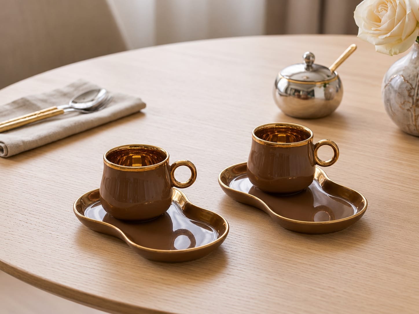 Brown Ceramic Coffee 2 Cup & 2 Saucer Set – Set of 4 (200 ml)