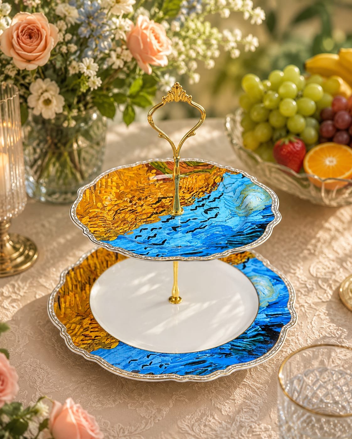 Van Gogh-Inspired Fine Porcelain 2-Tier Serving Stand – Golden Harmony Collection