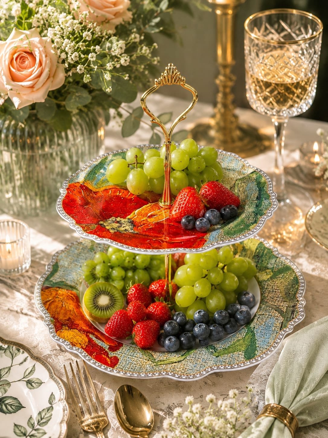 Van Gogh-Inspired Fine Porcelain 2-Tier Serving Stand – Golden Harmony Collection