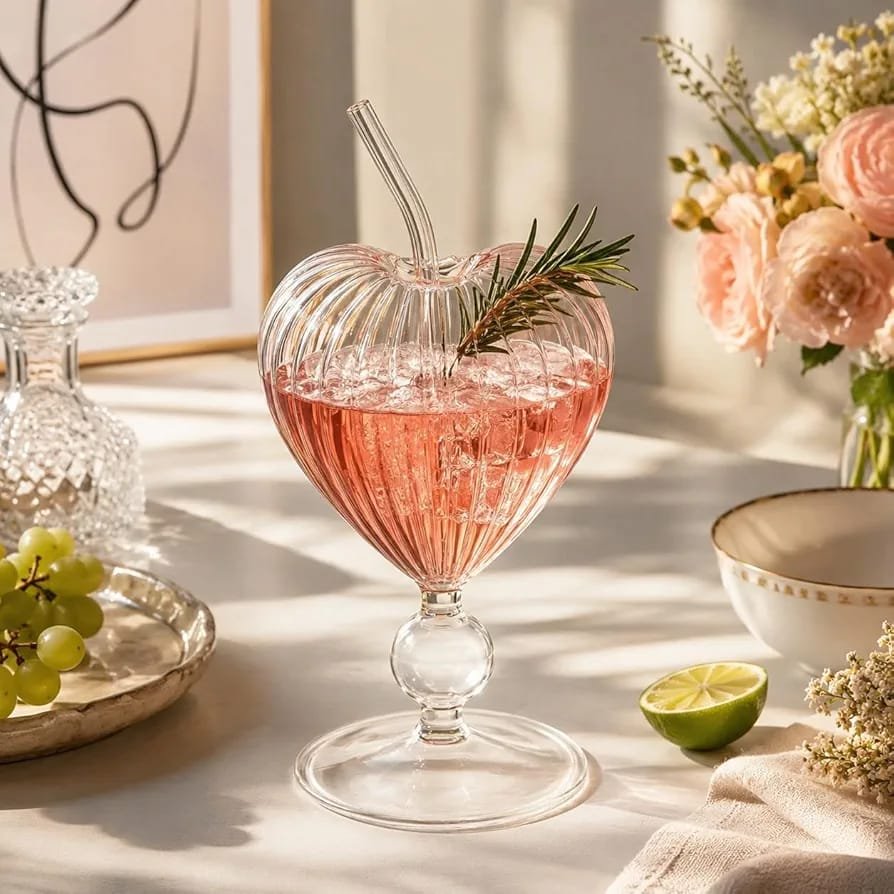 Heart Shape Glass Set Of 2 With Strow