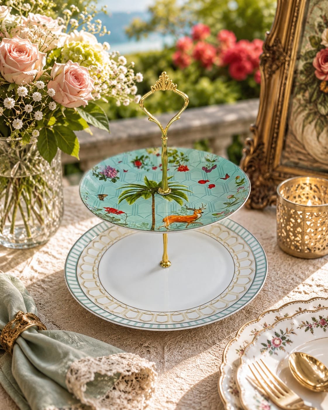 Emerald Oasis Fine Porcelain 2-Tier Serving Stand