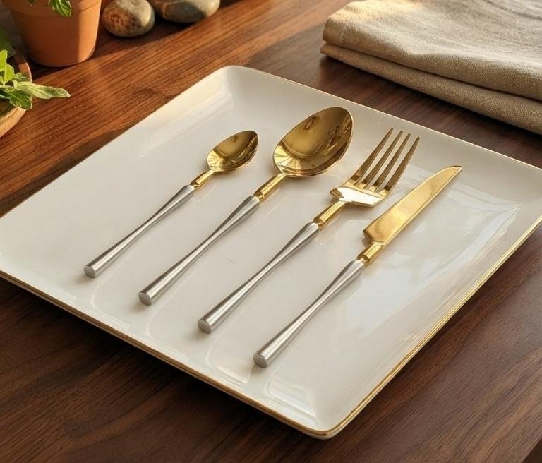 Luxe Gold Cutlery Set with Blush Silver Handles – 24 Pieces