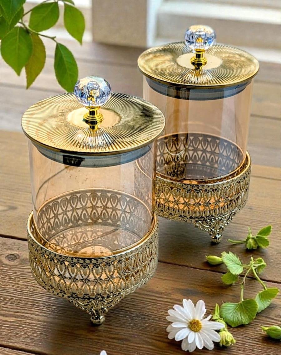 Royal Crystal Storage Jar Set with Gold Stand – 2 Pieces