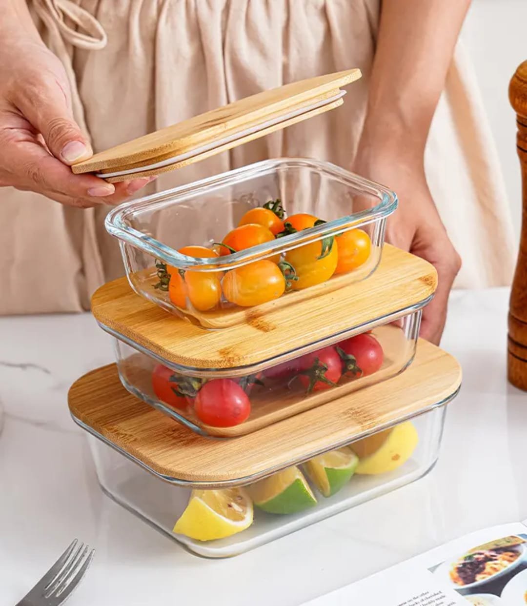 Premium  Airtight  Glass Food Storage Container Set with Bamboo Lids – 3 Pieces