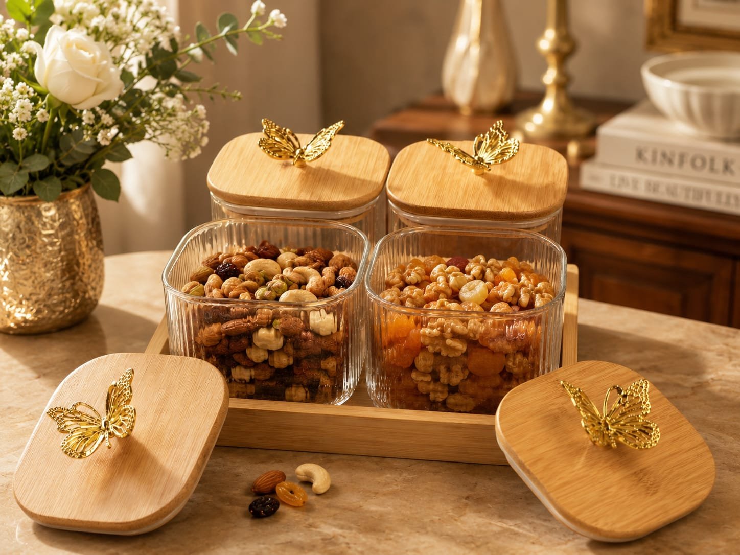 Golden Butterfly Airtight Glass Jar Set with Wooden Tray – 4 Jars