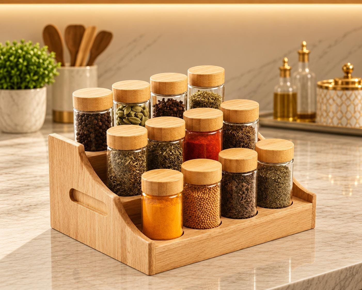 Rubber Premium Wooden Masala Box with Glass Spice Jars & Wooden Lids