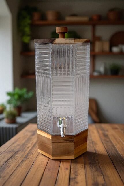 GLASS DRINK DISPENCER WITH WOODEN STAND